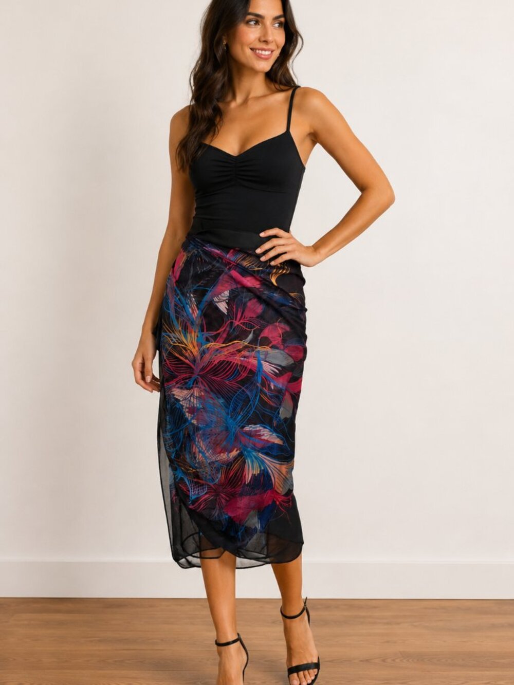 Women's Wrap Skirt Size 4XL Swim Cover Up Sheer Floral Black NWOT